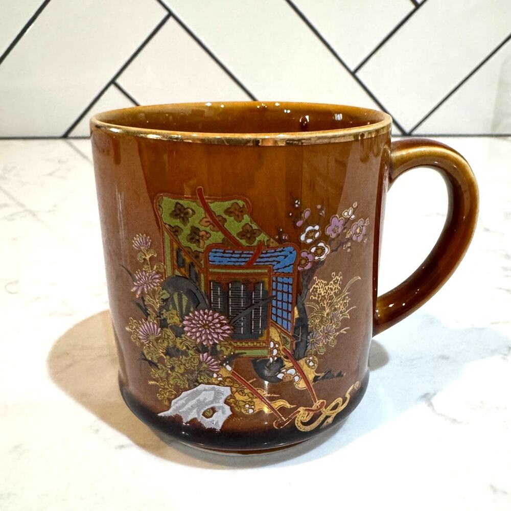 vintage Japanese mug brown glaze gold rim an oriental scene with flowers artsy
